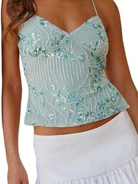Beaded Floral Embroidered Spaghetti Strap Cami - Light Blue